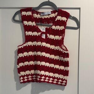 Zara Red and White Striped Crochet Crop Top